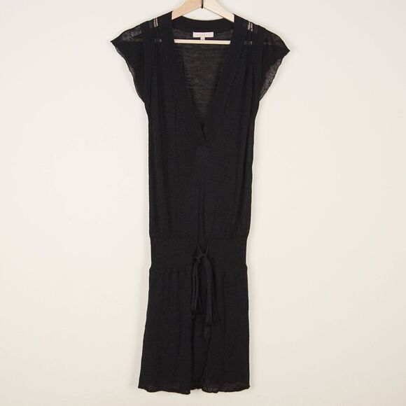 Sandro Black Linen Blend Knit Drawstring Waist V Neck Dress Womens Sz 1 US S - Picture 1 of 11